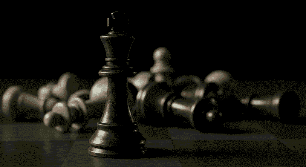 ¿Existe Realmente el Libre Albedrío o Todo Está Determinado? 7 Rey de ajedrez negro de pie con piezas blancas derribadas en segundo plano. Estrategia, juego de mesa.