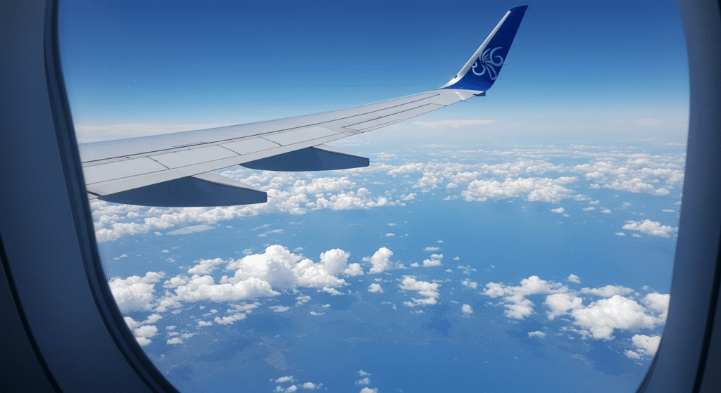 ¿Cómo es posible que un avión vuele? La ciencia detrás del milagro aéreo 4 Ala de avión cielo. Foto desde la ventanilla de un avión con el ala y el cielo azul con nubes. Viajes y vistas aéreas.