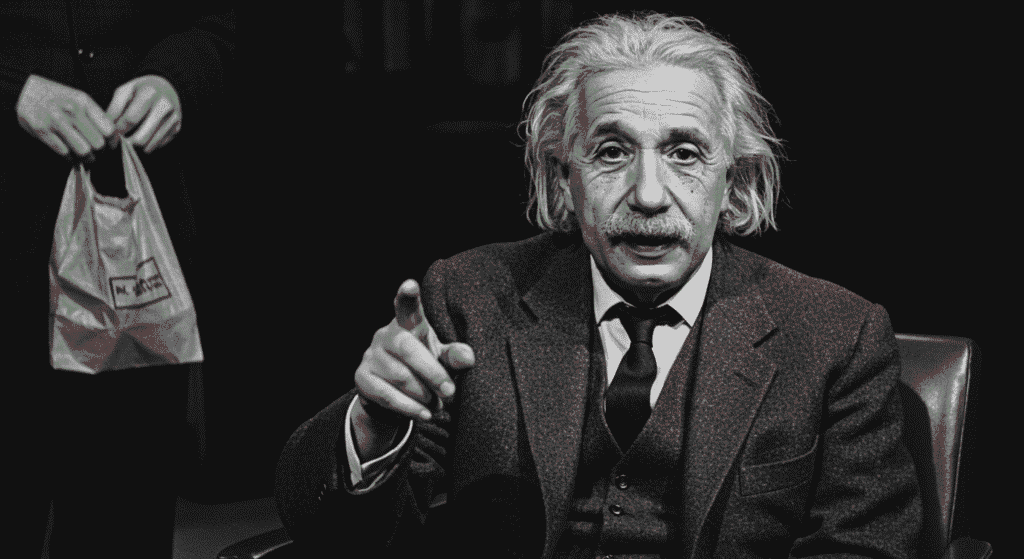 ¿Quién Fue Albert Einstein? Un Viaje por Su Vida y Descubrimientos 5 Albert Einstein señalando en foto antigua en blanco y negro. Imagen de Einstein en traje, con expresión animada y señalando con el dedo. Ideal para contenido sobre su vida y legado.