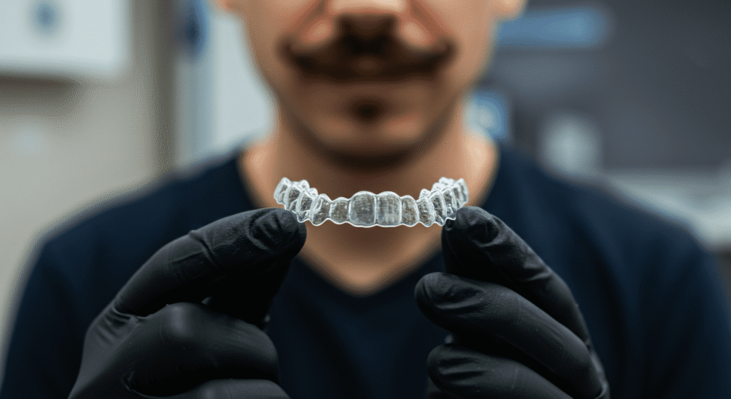 Alineadores Dentales vs Brackets: ¿Cuál Es Mejor Para Ti? 4 "Alineador dental transparente sostenido por mano con guante negro. Tratamiento de ortodoncia invisible para alinear los dientes. Estética dental y salud bucal."