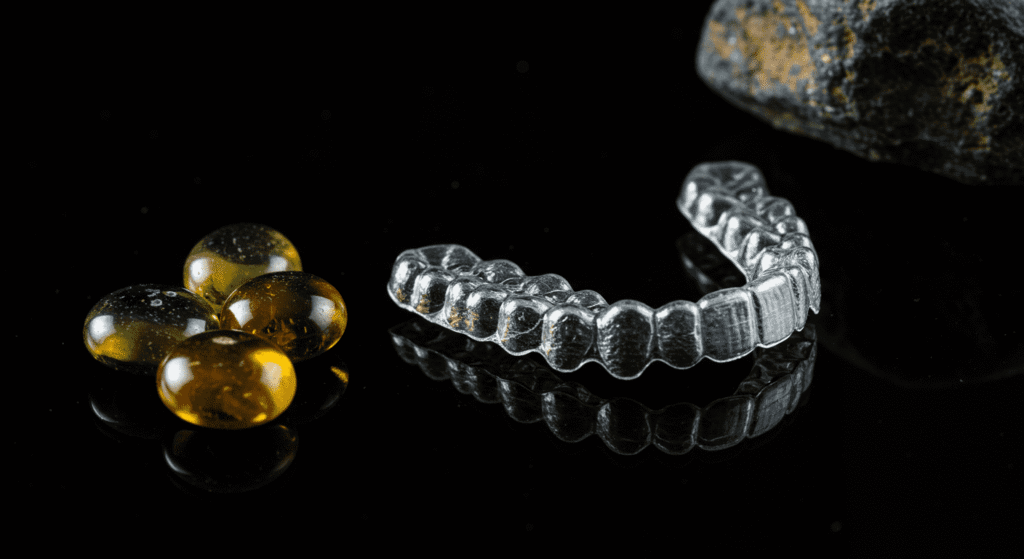 Alineadores Dentales vs Brackets: ¿Cuál Es Mejor Para Ti? 3 "Alineador dental transparente sobre superficie negra reflectante. Diseño de ortodoncia invisible con piedras pulidas color ámbar y objeto rocoso oscuro. Cuidado dental estético."