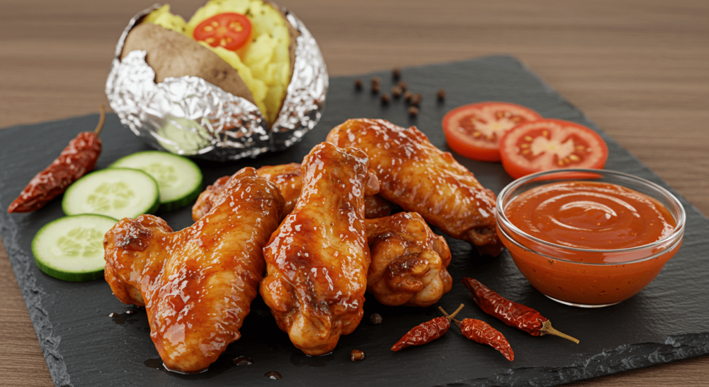 ¿Por qué disfrutamos el picante si quema? Una mezcla de química y cerebro 6 Alitas de pollo glaseadas con salsa roja, servidas con patata asada, pepino y tomate. Fotografía de comida, plato principal, cocina americana.