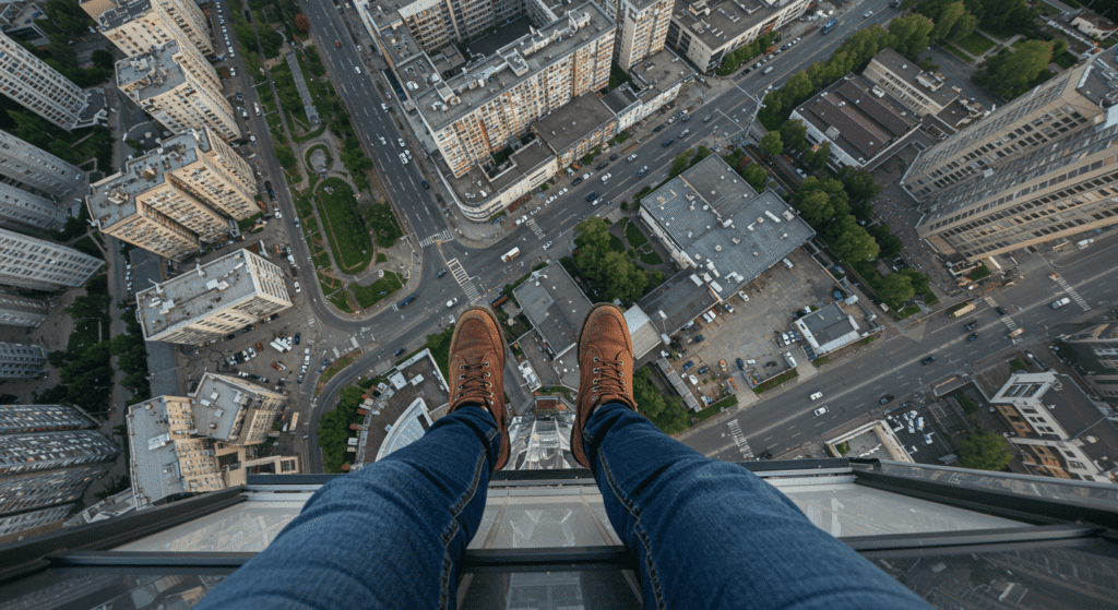 Cerebro de introvertido vs extrovertido: ¿Qué diferencias existen en su estructura y función? 7 "Vista desde un edificio alto con una persona al borde, mostrando la altura y el paisaje urbano abajo. Imagen para artículos sobre aventura urbana, riesgo y perspectivas extremas."