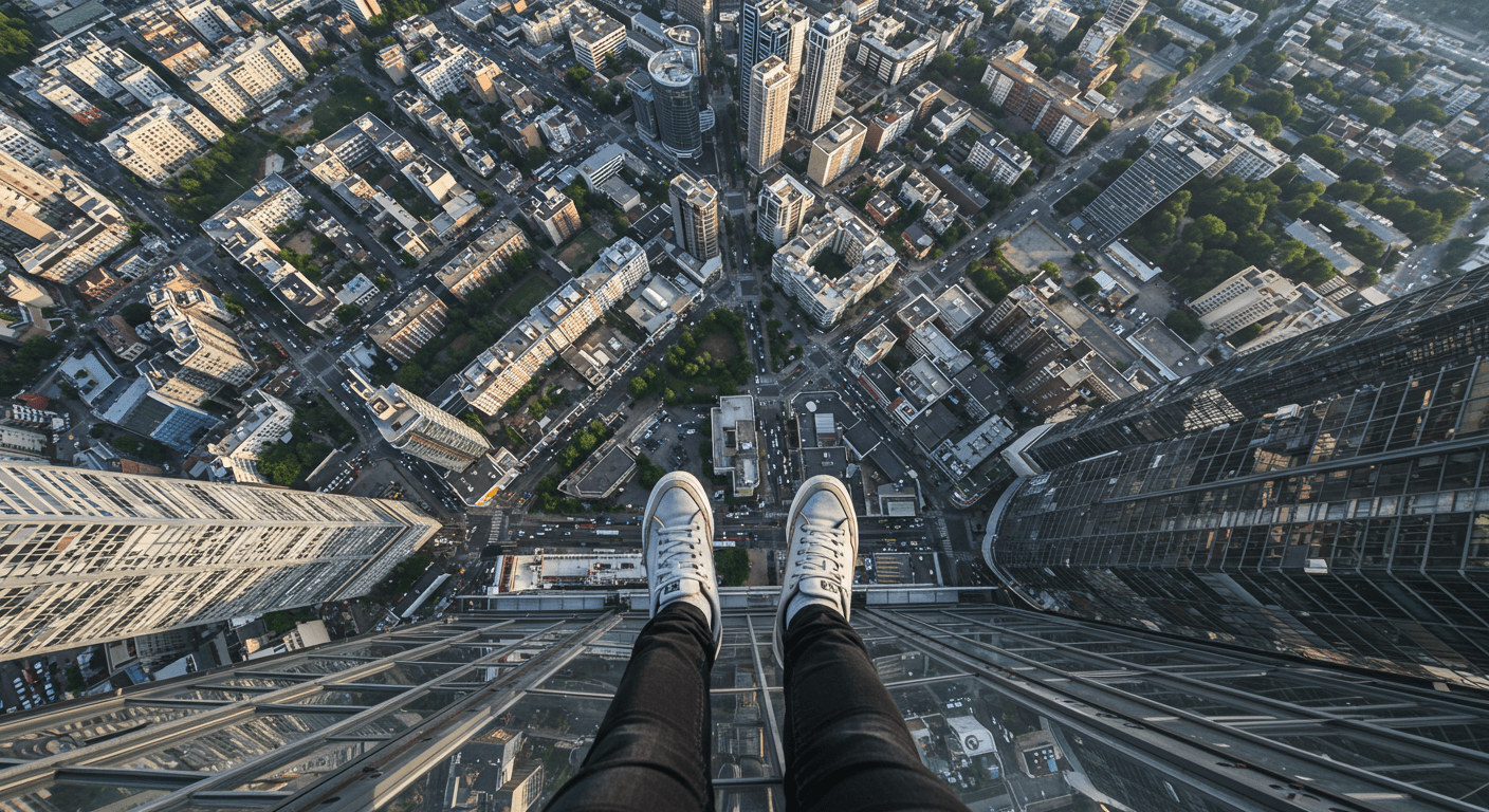 ¿Por qué tenemos fobias? La ciencia detrás de nuestros miedos irracionales 6 "Vista desde la cima de un rascacielos con pies en el borde. Imagen en primera persona con sensación de vértigo y altura extrema. Ideal para contenido sobre aventura urbana y fotografía extrema."