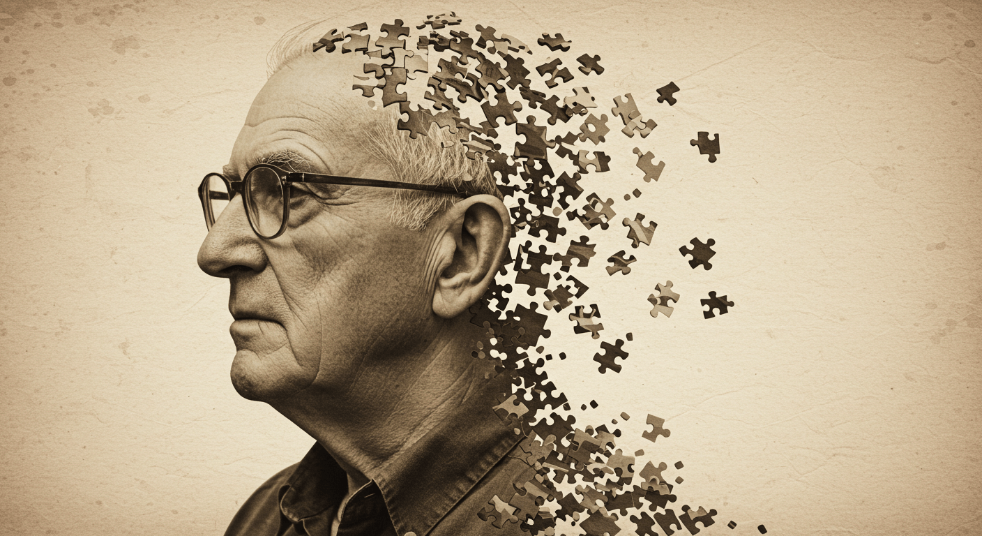 ¿Por qué tenemos fobias? La ciencia detrás de nuestros miedos irracionales 3 "Imagen conceptual del Alzheimer con perfil de anciano y piezas de puzzle. Representación de la pérdida de memoria con piezas desprendiéndose del cerebro. Ideal para contenido sobre salud mental y demencia."