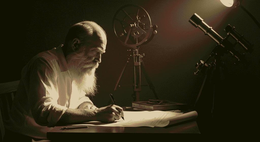 ¿Quién Fue Galileo Galilei y Por Qué Revolucionó la Ciencia? 2 Anciano dibujando planos con telescopio. Imagen sepia de astrónomo trabajando en diseño. #astronomía #ciencia #dibujo #planos #telescopio