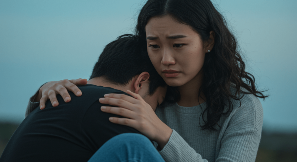 ¿Por qué lloramos? La ciencia y la emoción detrás de las lágrimas 7 "Mujer reconfortando a un hombre con un abrazo y expresión de apoyo. Imagen sobre amistad, consuelo y relaciones humanas."