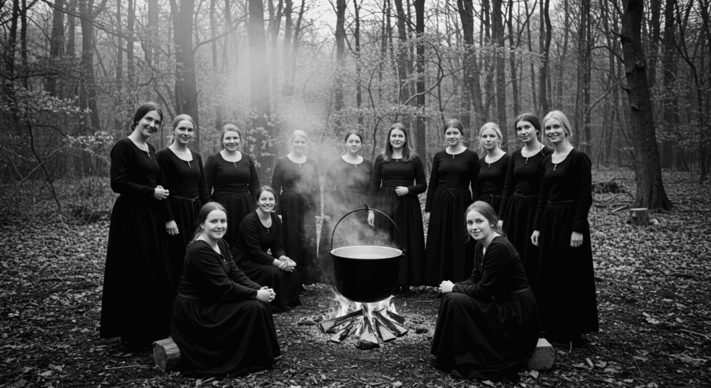 La Verdadera Historia de las Brujas: Mito, Magia y Persecución 4 Fotografía en blanco y negro de mujeres reunidas alrededor de un caldero en el bosque. Aquelarre, ritual pagano, reunión misteriosa, ambiente histórico.