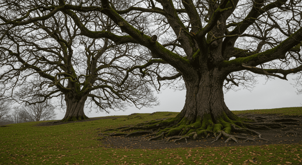 Café para la mente y el cuerpo: razones para seguir disfrutándolo 4 Árboles viejos raíces musgo. Imagen de dos árboles antiguos con grandes raíces cubiertas de musgo. Naturaleza y paisajes otoñales.