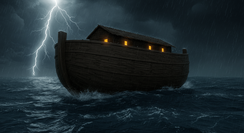 El Diluvio Universal: Entre la leyenda y la historia 2 Ilustración del Arca de Noé redonda, similar a un cesto gigante con techo de paja, flotando en un mar oscuro y tormentoso con lluvia y relámpagos. Las ventanas emiten luz cálida.