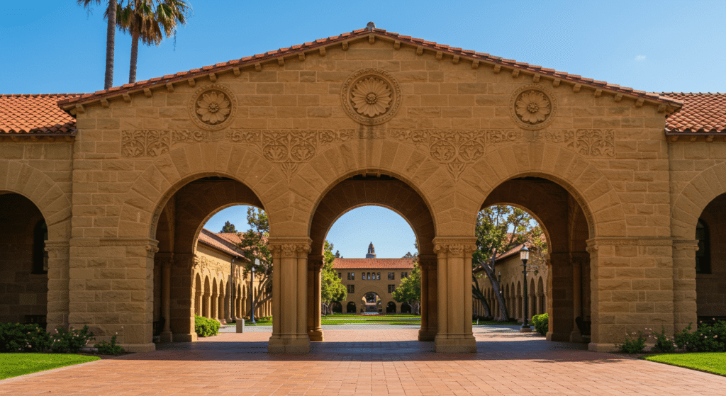 Las 10 Universidades Más Prestigiosas del Mundo y sus Costos de Matrícula 3 "Arco de piedra arenisca con detalles ornamentales en Stanford University, California. Arquitectura histórica con tres arcos y techo de tejas rojas bajo cielo azul. Ideal para turismo, educación y optimización SEO."