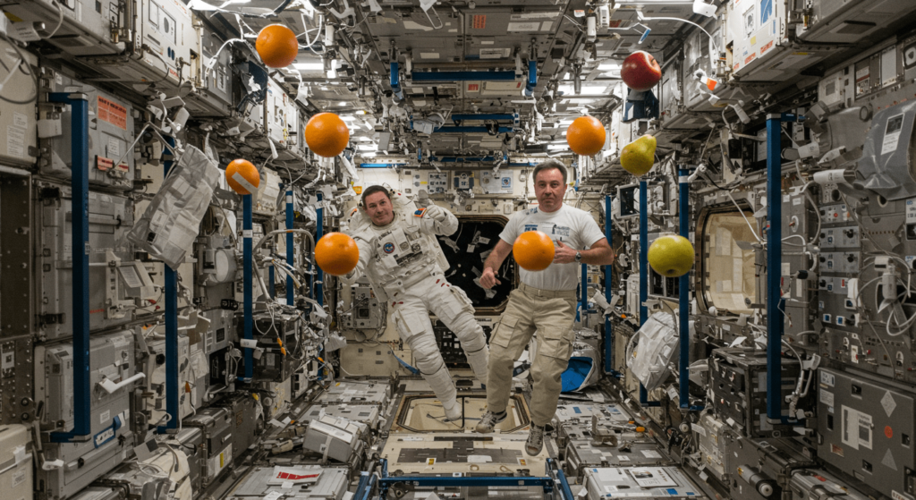 ¿Cómo funciona la gravedad? La fuerza invisible que lo mantiene todo unido 3 "Astronautas flotando en la Estación Espacial Internacional con fruta. Imagen de la vida en el espacio en la ISS con personas y objetos en gravedad cero. Ideal para contenido sobre exploración espacial, ciencia y vida extraterrestre."