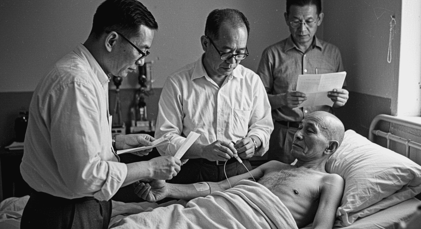 Los peores experimentos nazis (Parte 2): la ciencia al servicio del horror 4 Fotografía en blanco y negro de hombre en cama siendo atendido por otros dos. Imagen de atención médica y tratamiento. Escena en habitación sencilla.