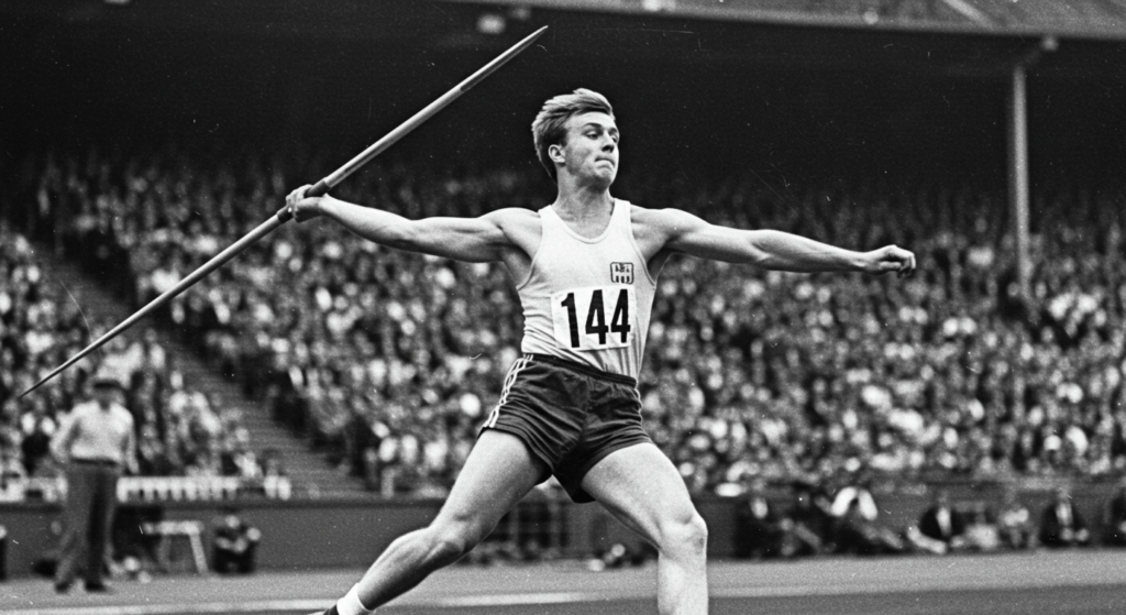 ¿Cómo funciona la gravedad? La fuerza invisible que lo mantiene todo unido 5 "Atleta lanzando jabalina en competición antigua. Fotografía en blanco y negro de deportista en plena acción. Ideal para contenido sobre historia del atletismo y eventos deportivos clásicos."