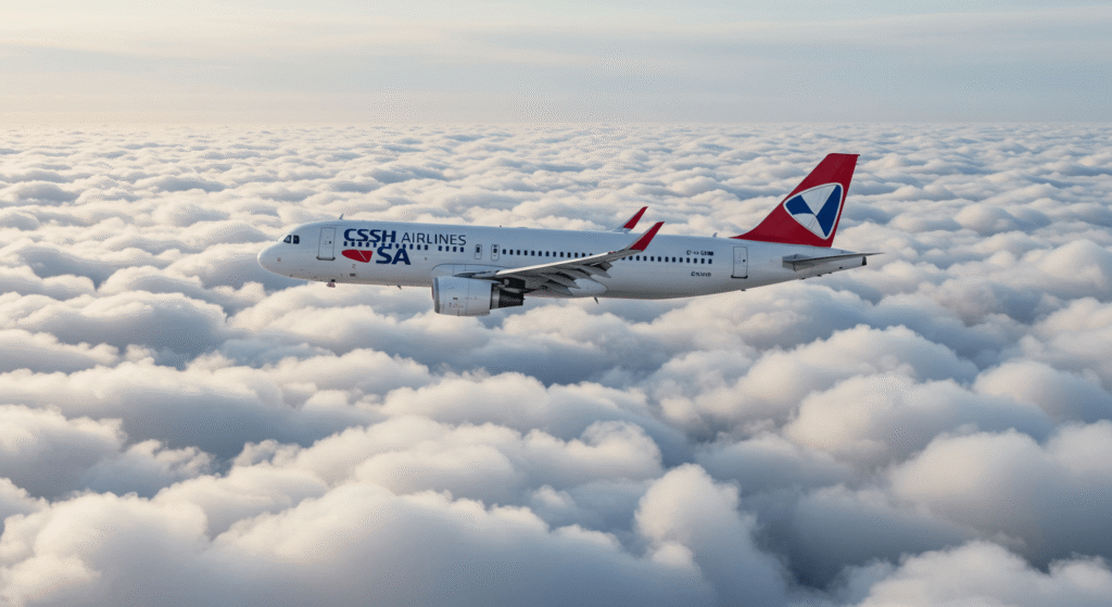¿Cómo es posible que un avión vuele? La ciencia detrás del milagro aéreo 2 Avión sobre nubes. Fotografía de avión CSA Czech Airlines sobrevolando un mar de nubes blancas. Viajes aéreos y paisajes nubosos.