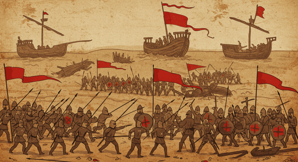 Las consecuencias ocultas de la conquista de América 3 "Ilustración antigua de una batalla terrestre y marítima. Representación histórica de una contienda con soldados a pie, a caballo y barcos. Ideal para contenido sobre historia, batallas medievales y arte antiguo."