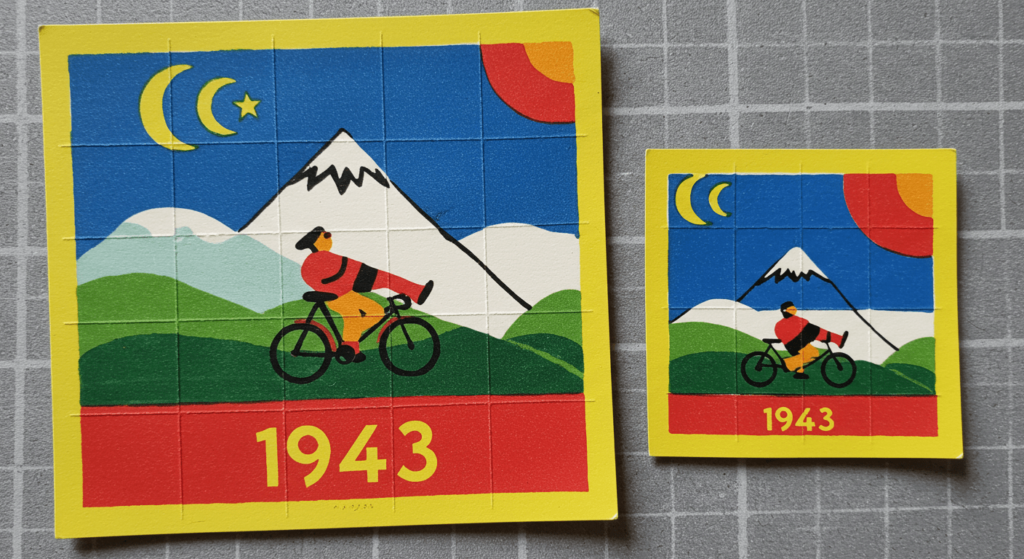 ¿Cómo se descubrió el LSD? El accidente científico que cambió la mente humana 5 Blotter con ilustración de ciclista y fecha 1943. Imagen colorida de papel secante con diseño vintage de viaje en bicicleta. Coleccionismo y arte psicodélico.