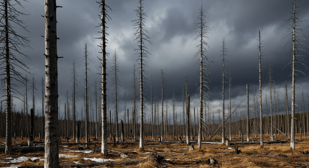 Lluvia ácida: Un fenómeno peligroso que afecta al planeta 1 "Paisaje de un bosque muerto con árboles secos y cielo tormentoso. Imagen de devastación forestal y cambio climático."