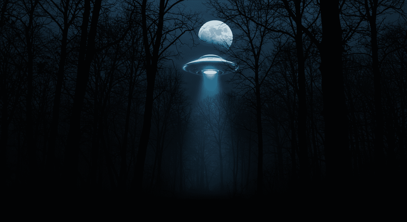 La Hipótesis Siluriana: ¿Hubo una civilización avanzada antes que nosotros? 2 "Imagen oscura: bosque nocturno con ovni y luna llena. Misterio y ciencia ficción en la naturaleza. Accesible y optimizada SEO."