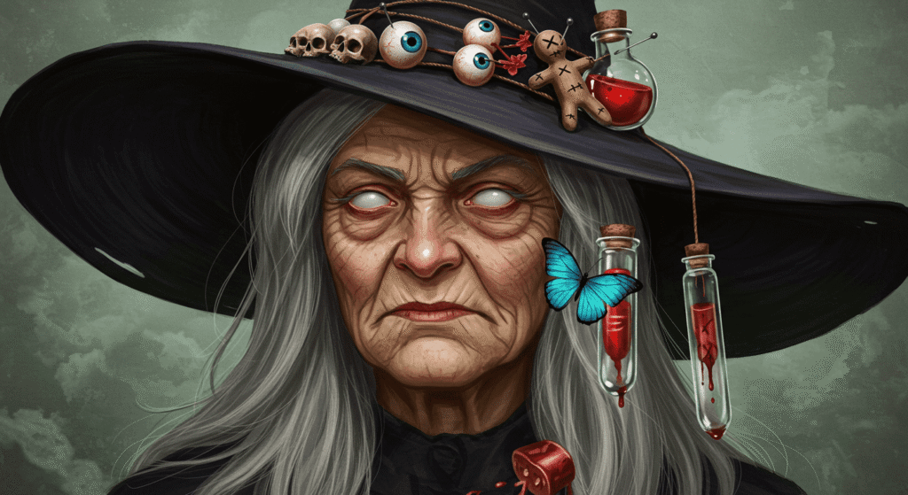 La Verdadera Historia de las Brujas: Mito, Magia y Persecución 1 Retrato de bruja anciana con sombrero adornado con calaveras, muñeco vudú y mariposa azul. Ilustración digital de Halloween, magia oscura, hechicería.