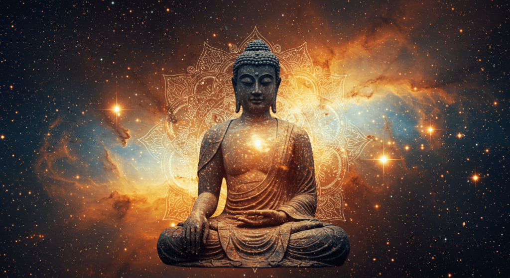 La iluminación de Buda: Cómo alcanzó la sabiduría eterna 6 "Imagen de Buda en meditación con fondo de nebulosa cósmica. Diseño artístico que fusiona espiritualidad y universo con mandala y figura de Buda. Ideal para fondos de pantalla y temas esotéricos."