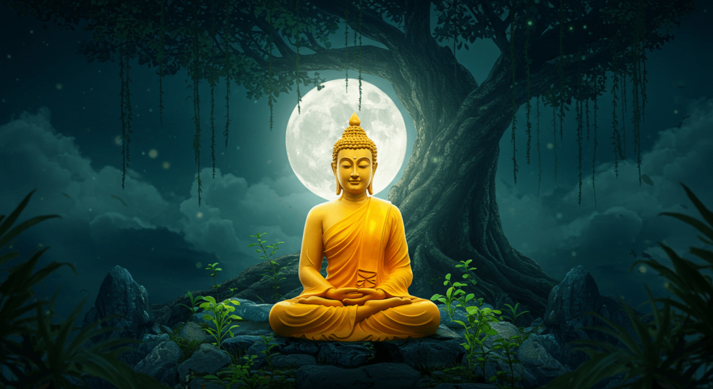 La iluminación de Buda: Cómo alcanzó la sabiduría eterna 2 "Imagen de Buda meditando bajo la luna llena, rodeado de naturaleza. Buda en posición de loto con túnica amarilla sobre rocas y un árbol frondoso. Representación artística de paz y espiritualidad."