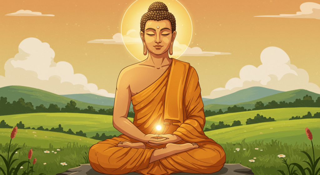 La iluminación de Buda: Cómo alcanzó la sabiduría eterna 1 "Ilustración de Buda meditando en paisaje tranquilo. Dibujo estilo cartoon de Buda sentado con halo luminoso y campos verdes. Ideal para fondos de pantalla zen y diseño de meditación."