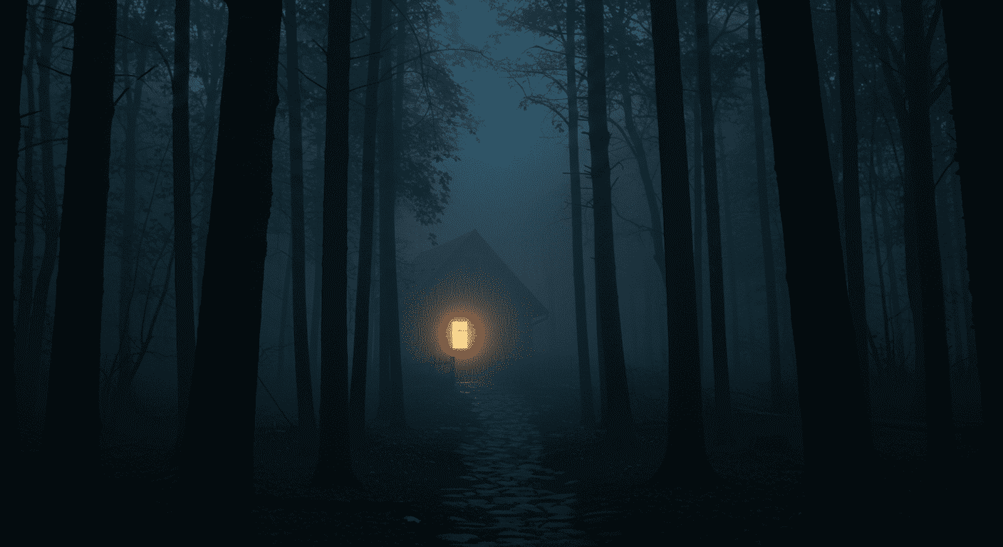 Siniestra cabaña iluminada en bosque neblinoso. Fotografía oscura de árboles altos y camino de piedra. Imagen de misterio y terror ideal para Halloween.