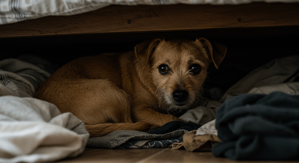 4 experiencias paranormales que te pondrán los pelos de punta 5 "Cachorro asustado: imagen de un perrito escondido debajo de la cama con mirada temerosa. Ideal para contenido sobre mascotas, miedos animales y cuidado de cachorros. Accesible para personas con discapacidad visual."