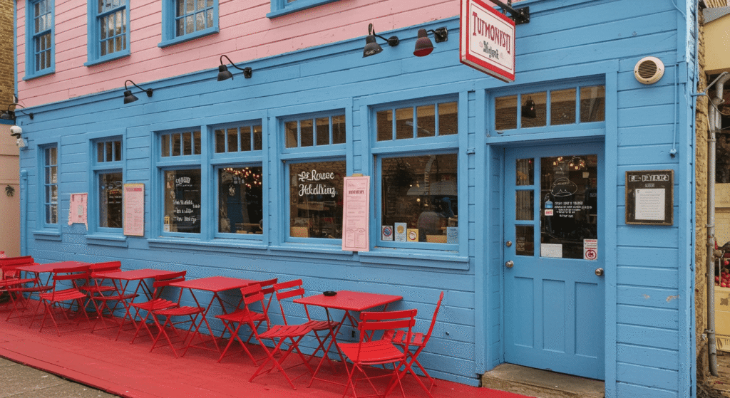 Café para la mente y el cuerpo: razones para seguir disfrutándolo 7 Cafetería azul y rosa. Imagen de una cafetería con fachada azul y rosa y mesas y sillas rojas en la calle. Ambientes urbanos y hostelería.