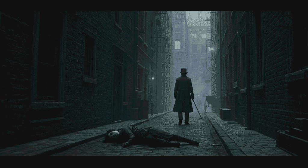6 Grandes Misterios Históricos que Aún No Tienen Respuesta 2 "Escena oscura en callejón con cuerpo y hombre en abrigo y sombrero. Ambiente sombrío y misterioso con posible crimen. Imagen para ficción, crimen y SEO."