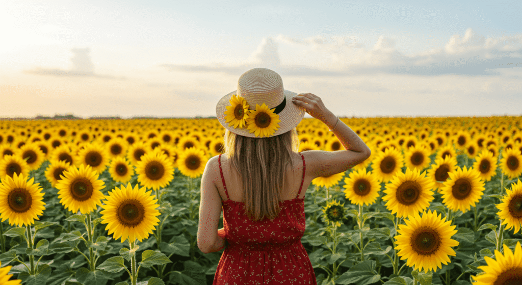 ¿Por qué los humanos tenemos diferentes tonos de piel? La ciencia lo explica 6 Campo girasoles mujer sombrero. Imagen de una mujer con un sombrero de paja en un campo de girasoles. Naturaleza y paisajes florales.