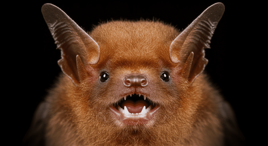 ¿Cómo funciona la ecolocalización? El radar natural de la naturaleza 2 Primer plano de la cara de un murciélago. La imagen muestra un murciélago con pelaje marrón rojizo y orejas grandes, mostrando sus dientes. Ideal para contenido relacionado con la vida silvestre, la fauna nocturna y la conservación.