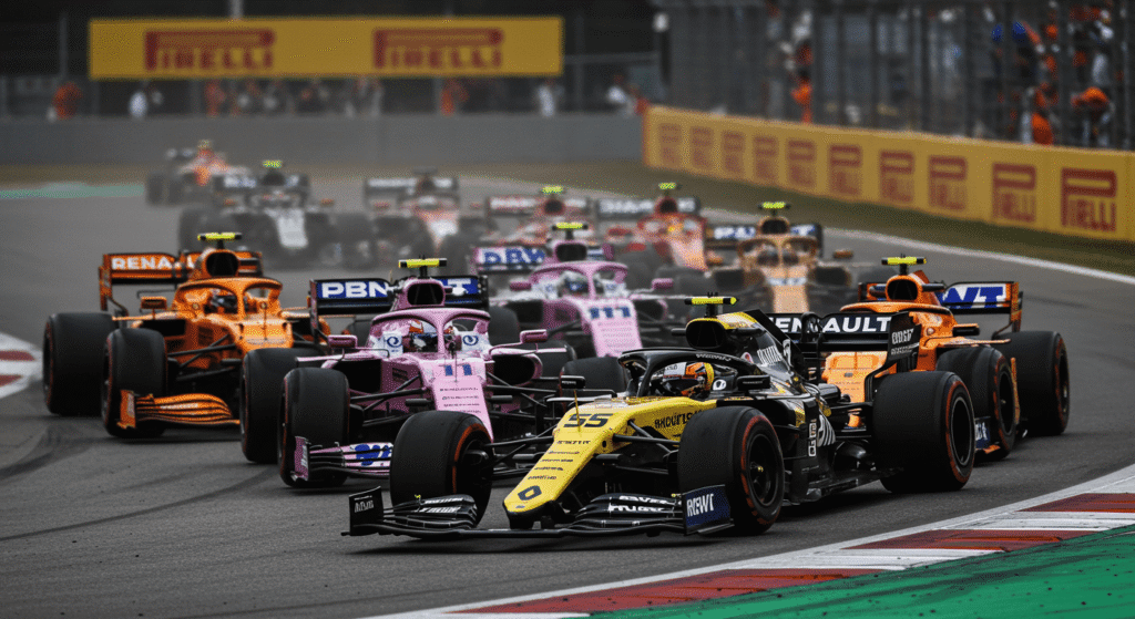 Curiosidades de la Fórmula 1 que probablemente No conocías 2 Grupo de coches de Fórmula 1 compitiendo en carrera. Imagen de coches Renault, Racing Point y McLaren.