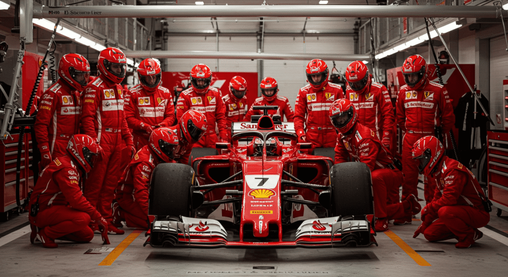 Curiosidades de la Fórmula 1 que probablemente No conocías 5 Equipo Ferrari Fórmula 1 trabajando en boxes con coche número 7. Imagen de equipo y coche de carreras.