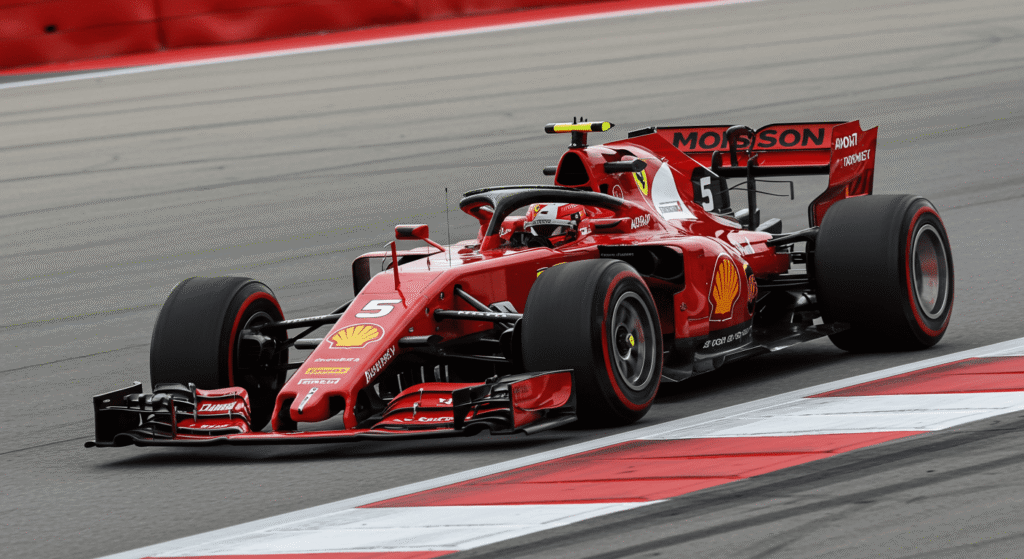 Curiosidades de la Fórmula 1 que probablemente No conocías 7 Coche Ferrari de Fórmula 1 número 5 en circuito de carreras. Imagen de vehículo de competición y deporte de motor.