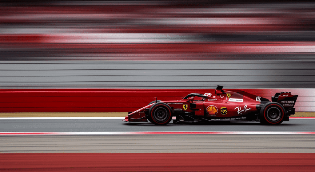Curiosidades de la Fórmula 1 que probablemente No conocías 4 Coche Ferrari de Fórmula 1 a alta velocidad, imagen borrosa. Fotografía de carreras y deporte de motor.