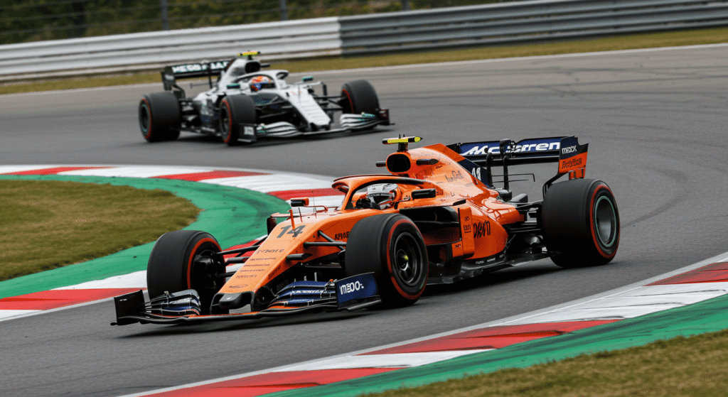 Curiosidades de la Fórmula 1 que probablemente No conocías 6 Coche McLaren de Fórmula 1 número 14 en circuito de carreras. Imagen deportiva de coches y competición.