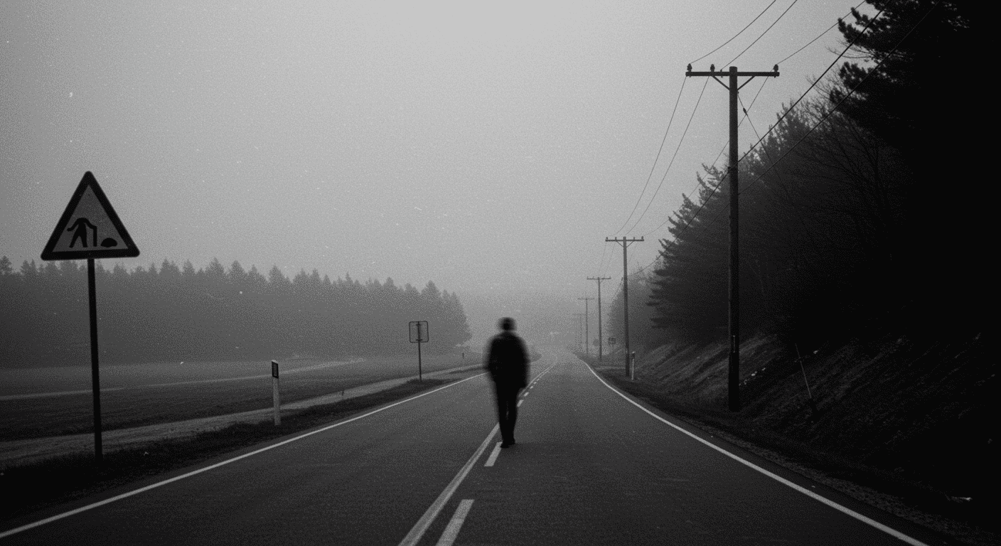 5 leyendas urbanas que aún hoy ponen los pelos de punta 1 Imagen en blanco y negro de carretera solitaria con figura borrosa. Señal de tráfico y niebla densa. Fotografía de misterio y soledad.