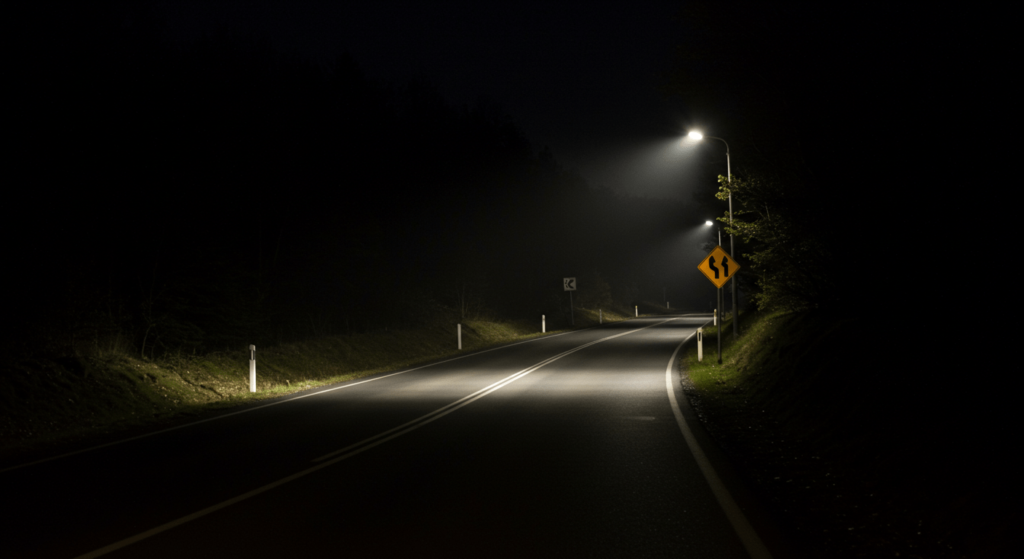 3 relatos cortos de terror que te quitarán el sueño 4 "Carretera oscura iluminada por los faros de un vehículo con señal de curvas peligrosas. Imagen sobre conducción nocturna y seguridad vial."