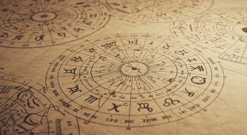 Horóscopo: ¿Realmente influye en nuestra vida o es solo superstición? 6 Carta astral detallada con símbolos astrológicos. Diagrama de horóscopo sobre papel pergamino. Imagen de astrología y destino.