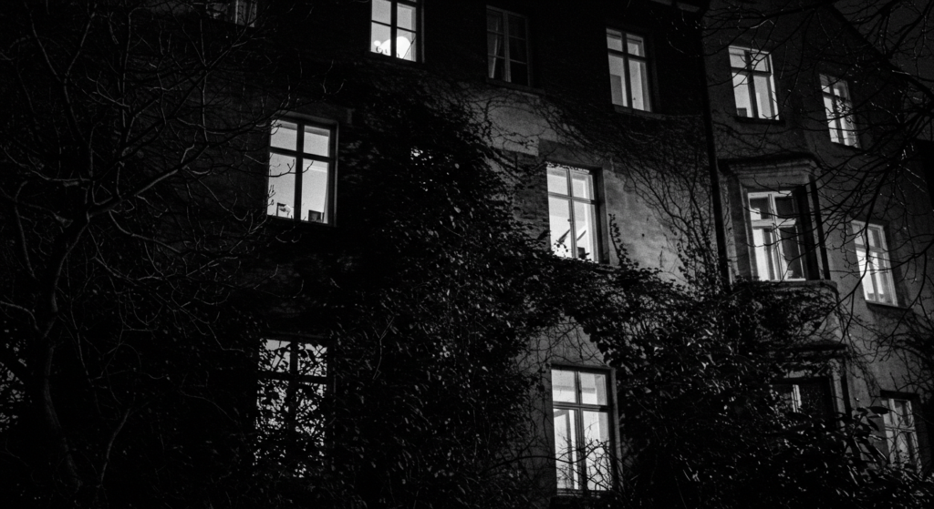Ancient Ram Inn: La pensión más aterradora del mundo y sus oscuros secretos 7 "Casa embrujada: fotografía nocturna en blanco y negro de una casa antigua con ventanas iluminadas y enredaderas. Ideal para contenido sobre misterio, casas encantadas y atmósfera oscura. Accesible para personas con discapacidad visual."