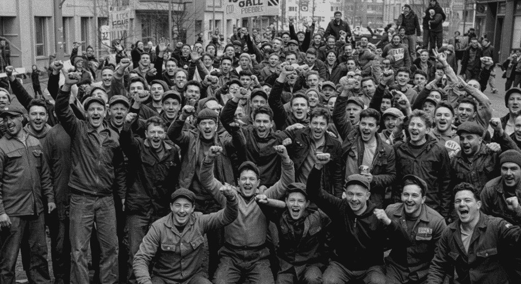 El Origen del Día del Trabajador: Lucha, Historia y Conquista de Derechos 7 "Celebración obrera: Fotografía en blanco y negro que muestra un grupo de trabajadores celebrando con alegría, algunos ondeando pancartas en español. Momento de victoria o logro laboral. Imagen histórica de una manifestación o huelga exitosa. Accesible para personas con discapacidad visual."