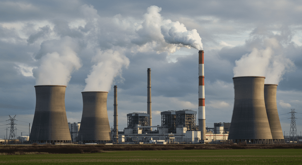 ¿Cómo se genera la electricidad que usamos a diario? Explicado fácil y claro 4 Central eléctrica contaminante. Chimeneas industriales humeantes. Impacto ambiental.