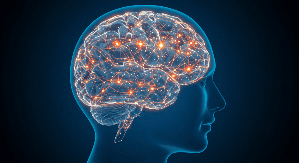 Curiosidades Sorprendentes sobre los Sueños que Probablemente No Sabías 5 "Visualización de la actividad cerebral con destellos naranjas en cabeza azul. Imagen conceptual de neurociencia para SEO y accesibilidad."