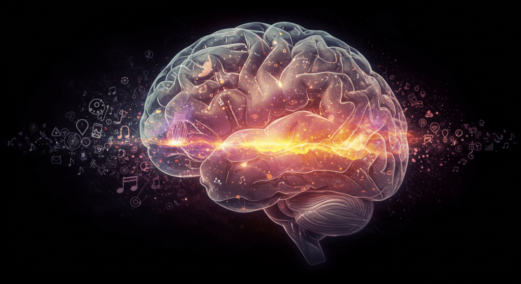 Síndrome de Asperger: Inteligencia, sensibilidad y un mundo diferente 6 Ilustración de un cerebro humano transparente con energía luminosa y símbolos de creatividad. Mente, inteligencia, innovación, actividad cerebral, ideas.