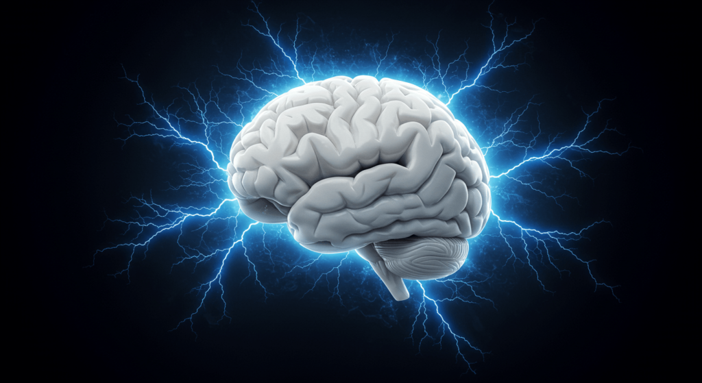 ¿Qué es el estrés y por qué sentimos que todo nos sobrepasa? 6 Cerebro humano rodeado de rayos azules. Inteligencia, creatividad, innovación, neurología, ciencia.
