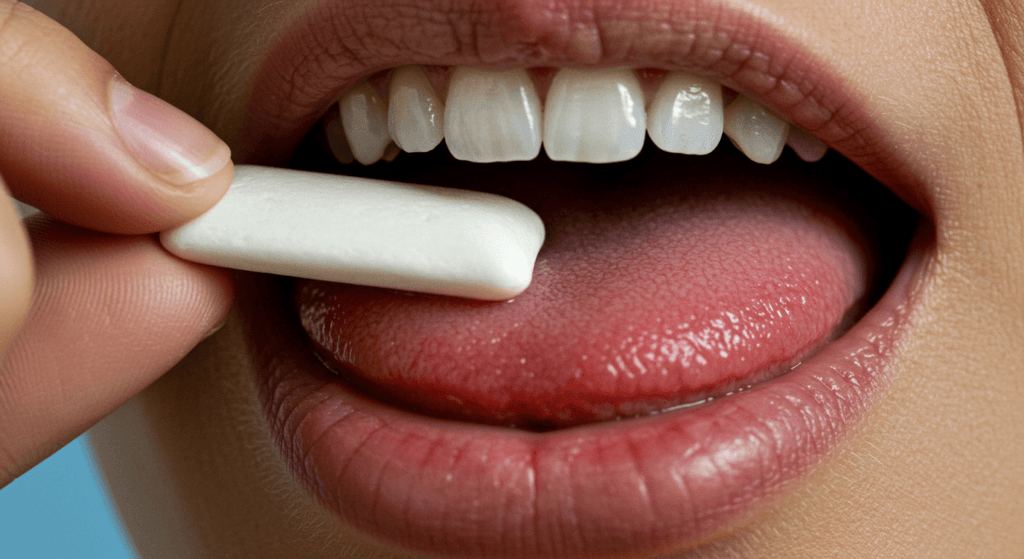 Normas insólitas: Las leyes más absurdas que siguen vigentes 2 Primer plano de persona a punto de poner un chicle rectangular en la boca. Higiene bucal, masticar, goma de mascar, sabor, frescura.