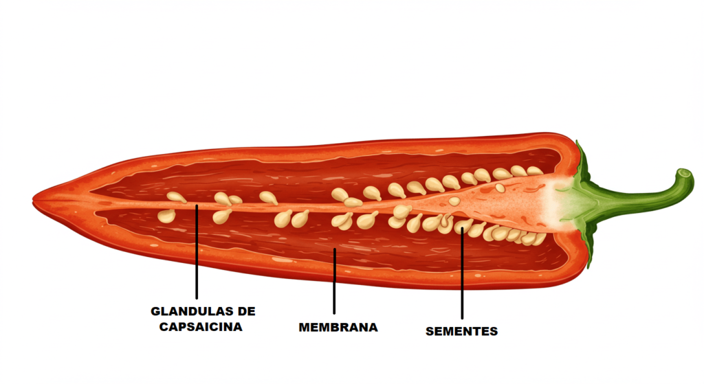 ¿Por qué disfrutamos el picante si quema? Una mezcla de química y cerebro 2 Ilustración de un chile rojo cortado mostrando semillas, membrana y glándulas de capsaicina. Diagrama de anatomía del chile, información de botánica, comida picante.