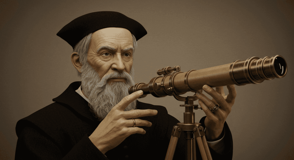¿Quién Fue Galileo Galilei y Por Qué Revolucionó la Ciencia? 7 Retrato de científico anciano con telescopio de latón. Imagen de astrónomo con instrumento antiguo